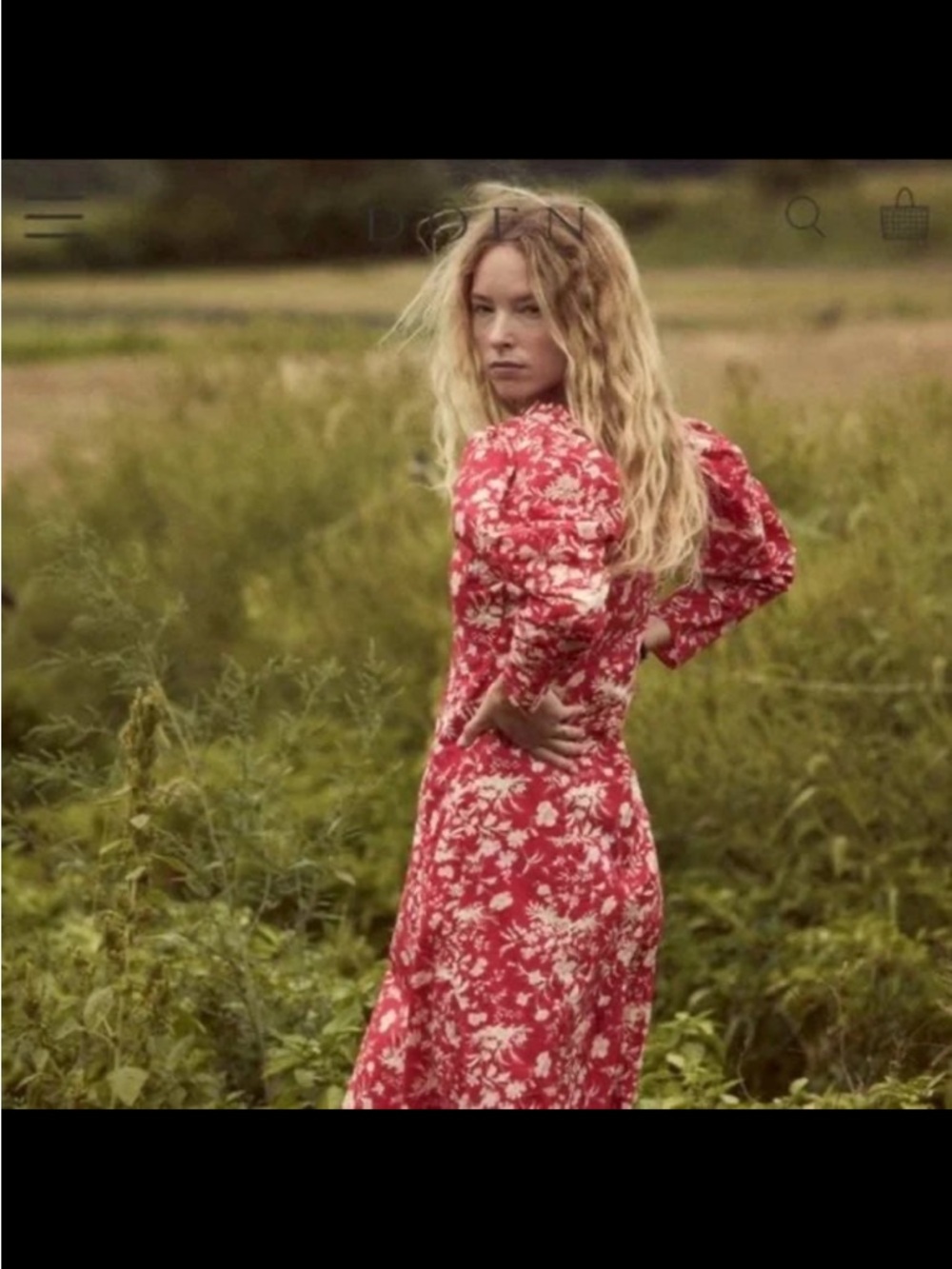 Red Floral Doen Midi Dress with Puff Sleeves